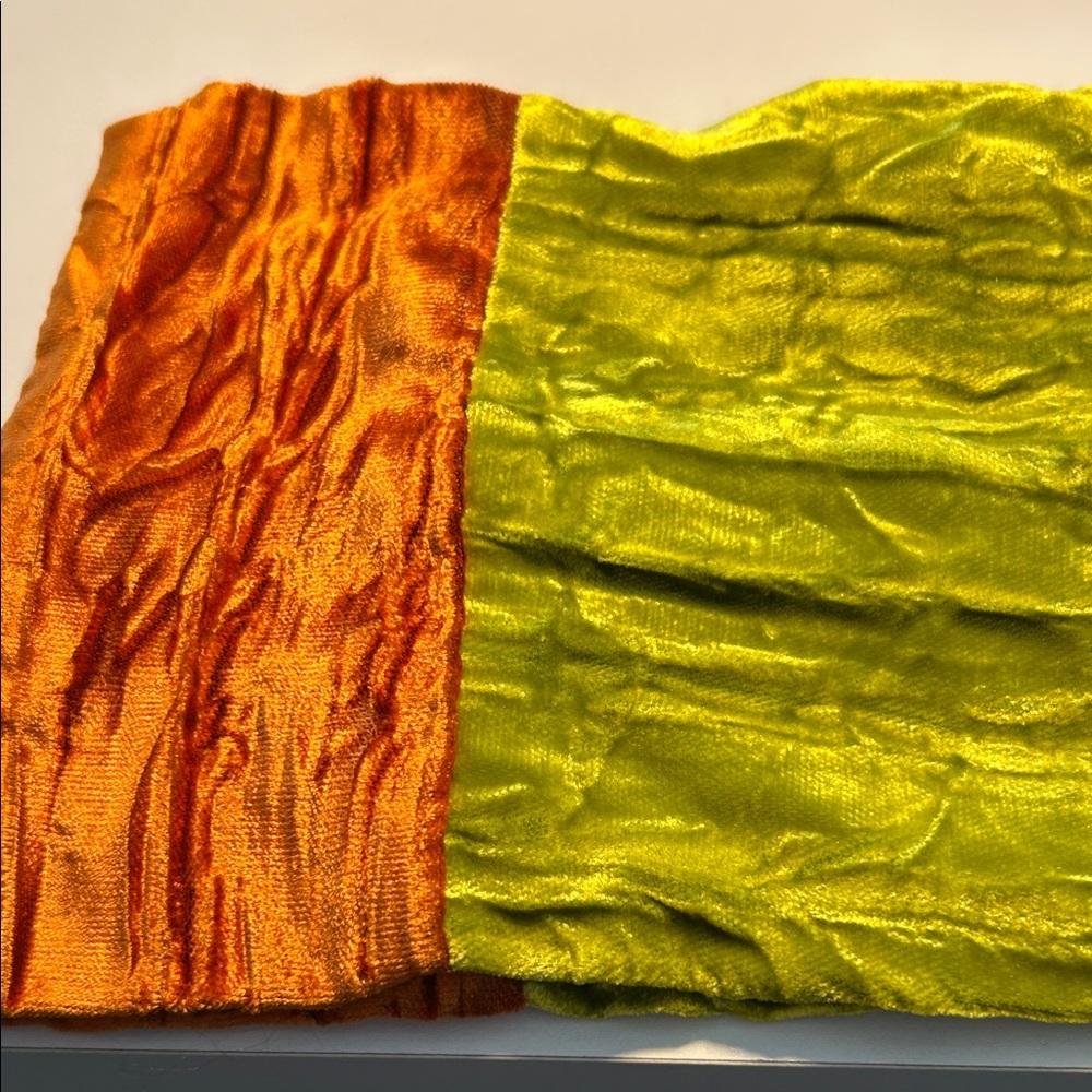 Crinkle velvet long scarf, orange and chartreuse